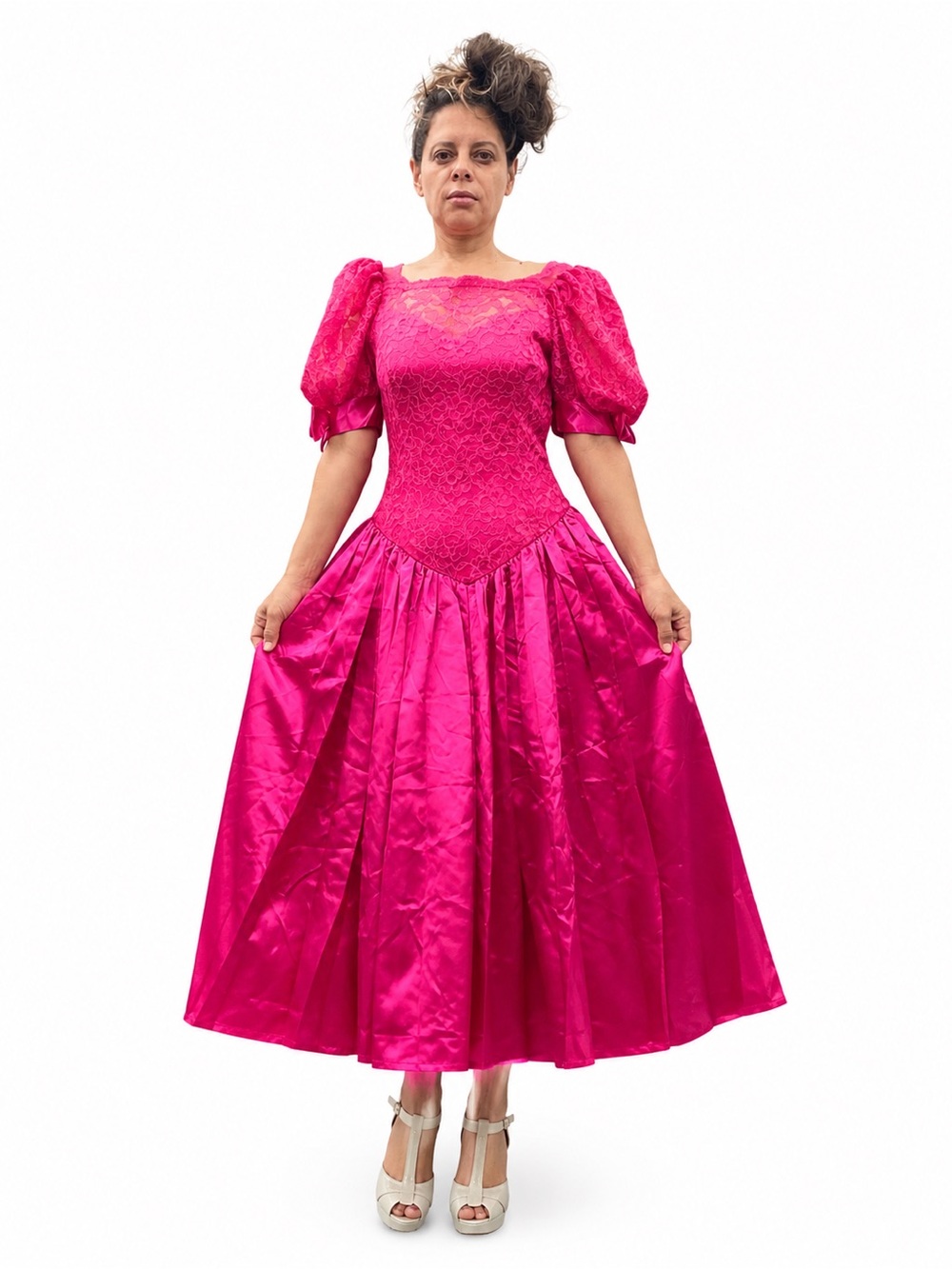 1980s Hot Pink Vintage Lace & Satin Puff-Sleeve Dress